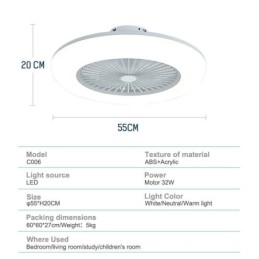 Ventilateur de plafond trichromatique à intensité variable avec télécommande 3 vitesses