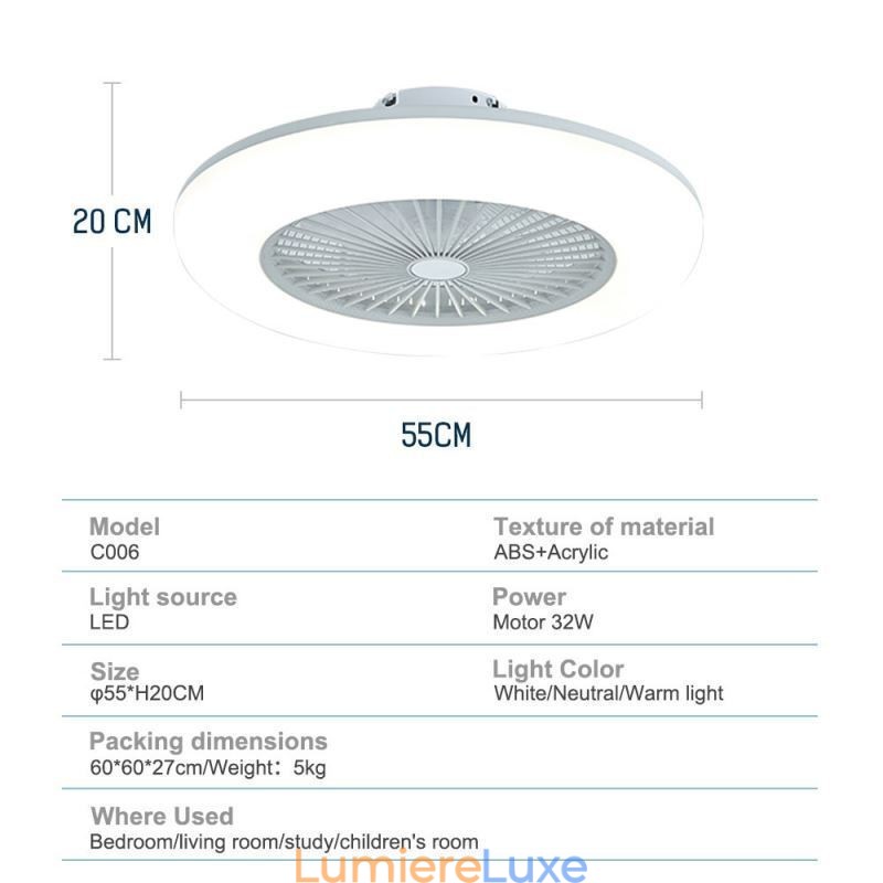 Ventilateur de plafond trichromatique à intensité variable avec télécommande 3 vitesses