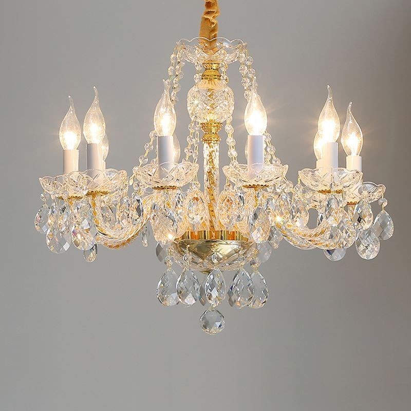 Lustre en cristal transparent, corps doré européen, plafonnier décoratif de luxe