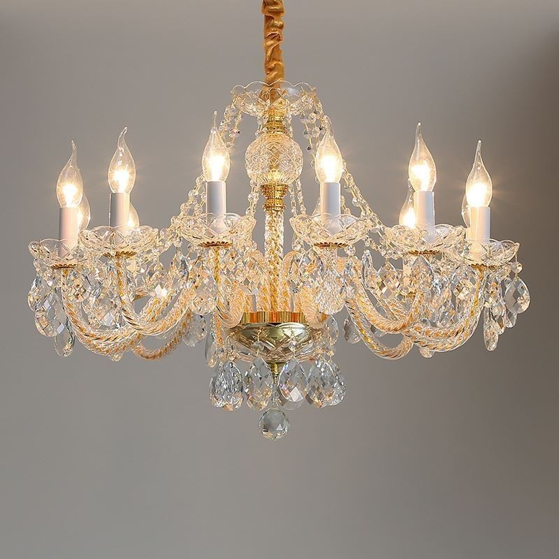 Lustre en cristal transparent, corps doré européen, plafonnier décoratif de luxe