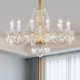 Lustre en cristal transparent, corps doré européen, plafonnier décoratif de luxe