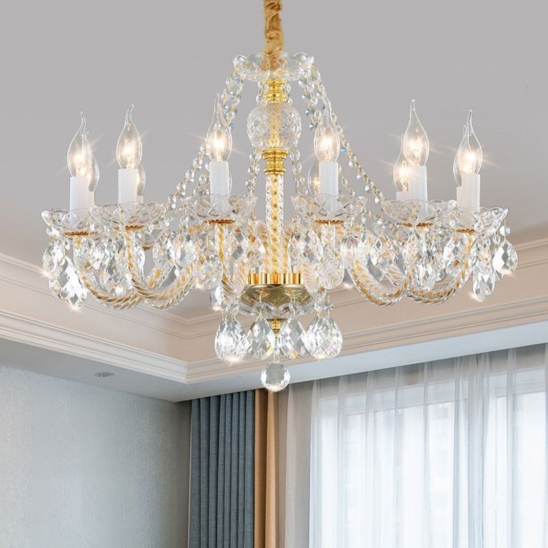 Lustre en cristal transparent, corps doré européen, plafonnier décoratif de luxe