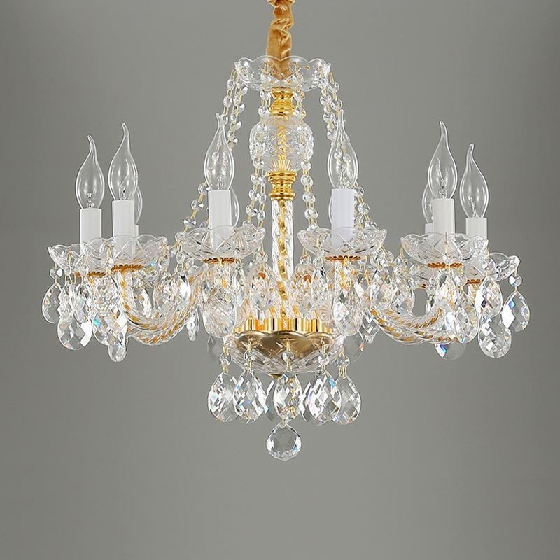 Lustre en cristal transparent, corps doré européen, plafonnier décoratif de luxe