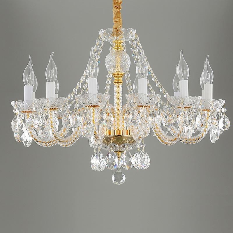 Lustre en cristal transparent, corps doré européen, plafonnier décoratif de luxe