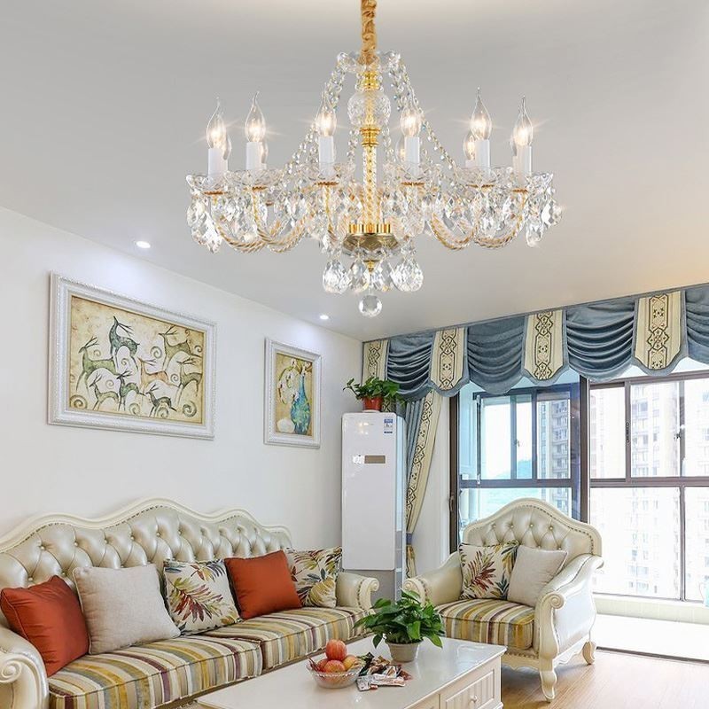 Lustre en cristal transparent, corps doré européen, plafonnier décoratif de luxe