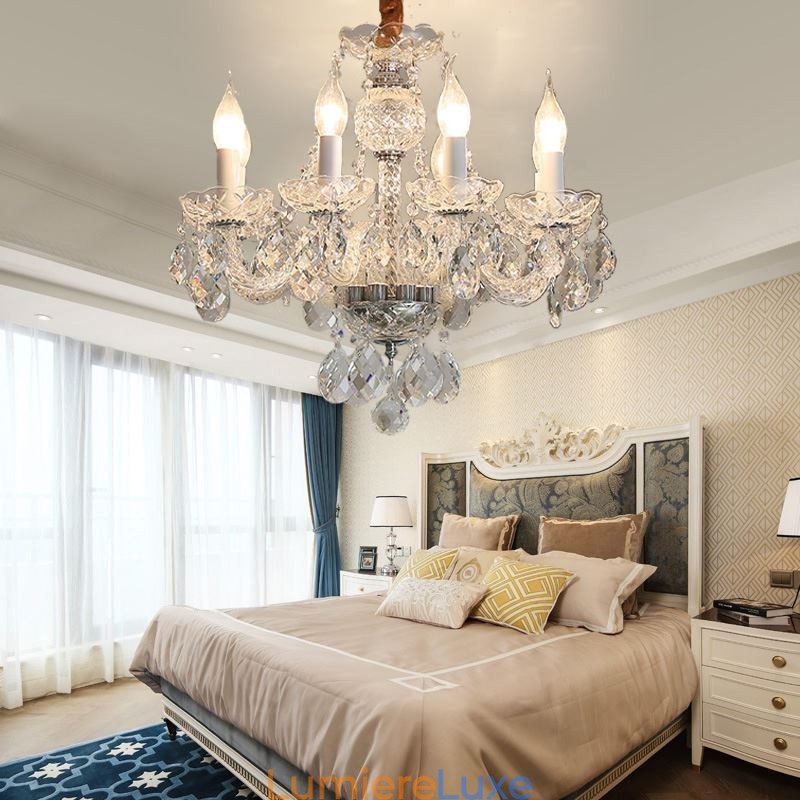 Lustre européen en cristal transparent, corps en verre, 8 lumières