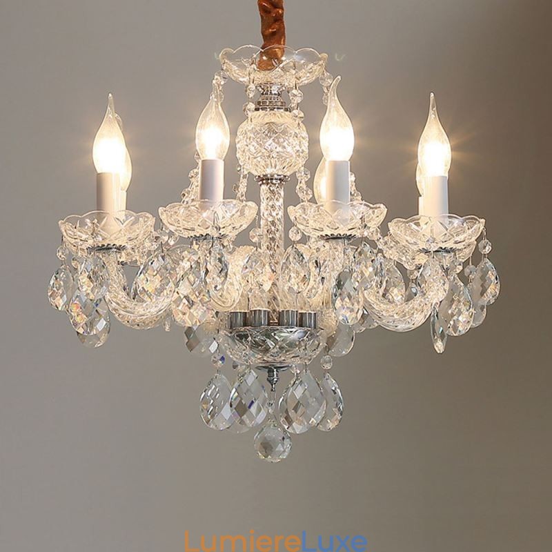 Lustre européen en cristal transparent, corps en verre, 8 lumières