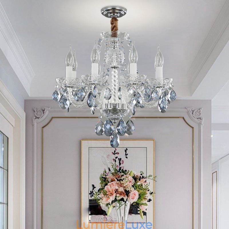Lustre européen en cristal bleu, corps en verre, 8 lumières