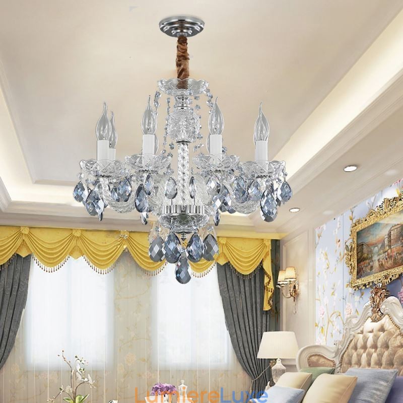 Lustre européen en cristal bleu, corps en verre, 8 lumières