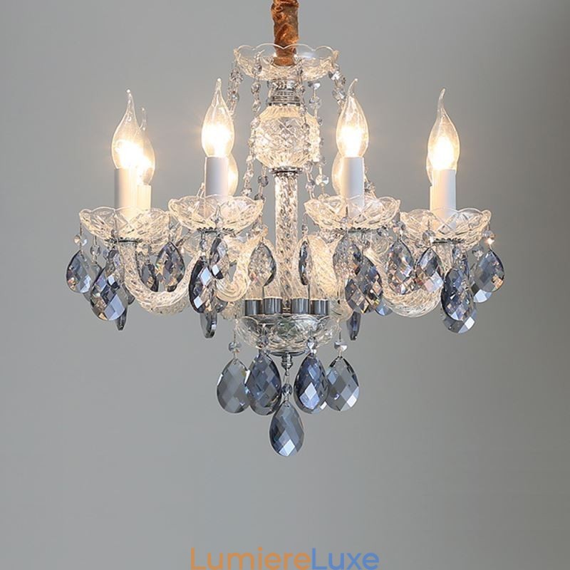 Lustre européen en cristal bleu, corps en verre, 8 lumières