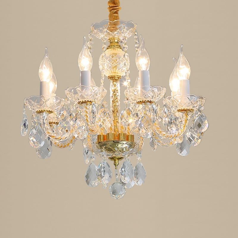 Lustre européen en cristal transparent, corps de lampe en verre, 8 lumières, corps doré, plafonnier