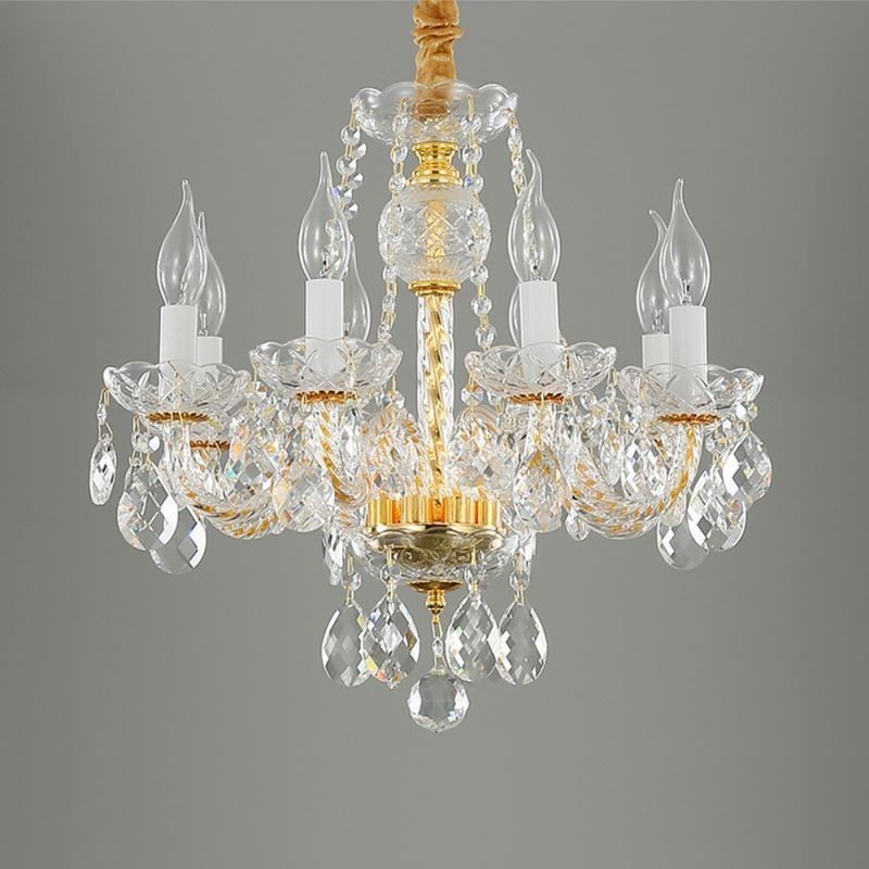 Lustre européen en cristal transparent, corps de lampe en verre, 8 lumières, corps doré, plafonnier