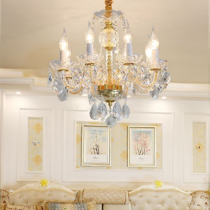 Lustre européen en cristal transparent, corps de lampe en verre, 8 lumières, corps doré, plafonnier