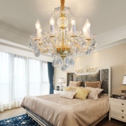 Lustre européen en cristal transparent, corps de lampe en verre, 8 lumières, corps doré, plafonnier
