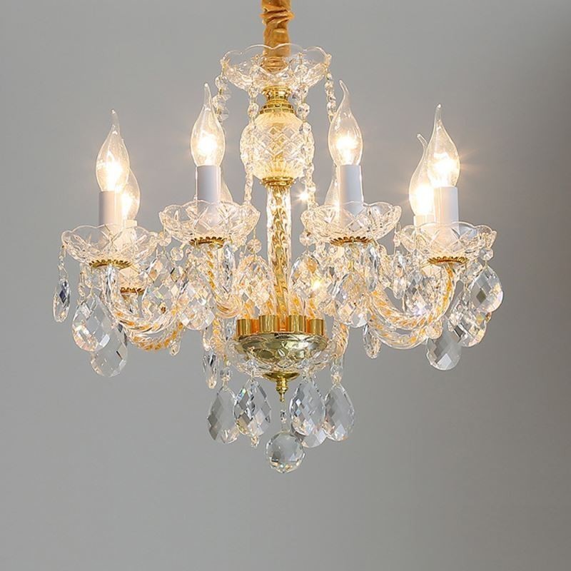 Lustre européen en cristal transparent, corps de lampe en verre, 8 lumières, corps doré, plafonnier