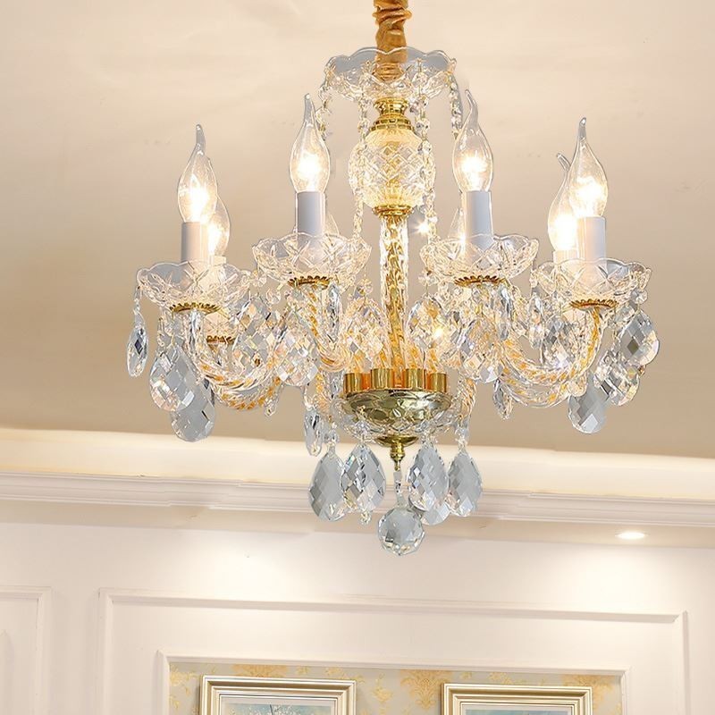 Lustre européen en cristal transparent, corps de lampe en verre, 8 lumières, corps doré, plafonnier
