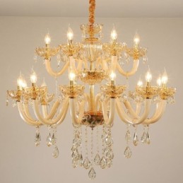 Lustre en cristal élégant, couleur cognac européen, plafonnier, corps en verre, double couche, 12 + 6 lumières