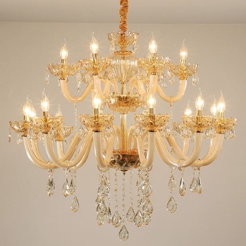 Lustre en cristal élégant, couleur cognac européen, plafonnier, corps en verre, double couche, 12 + 6 lumières