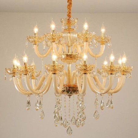 Lustre en cristal élégant, couleur cognac européen, plafonnier, corps en verre, double couche, 12 + 6 lumières Lustre en cristal élégant, couleur cognac européen, plafonnier, corps en verre, double couche, 12 + 6 lumières