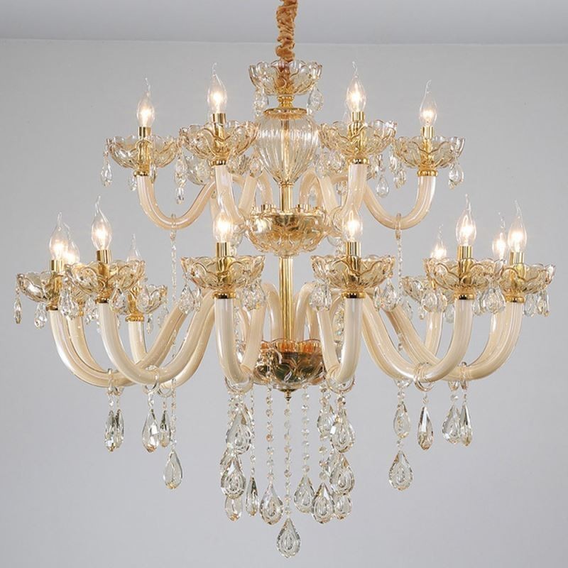 Lustre en cristal élégant, couleur cognac européen, plafonnier, corps en verre, double couche, 12 + 6 lumières
