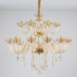 Lustre en cristal élégant, couleur cognac européen, plafonnier, corps en verre, double couche, 12 + 6 lumières