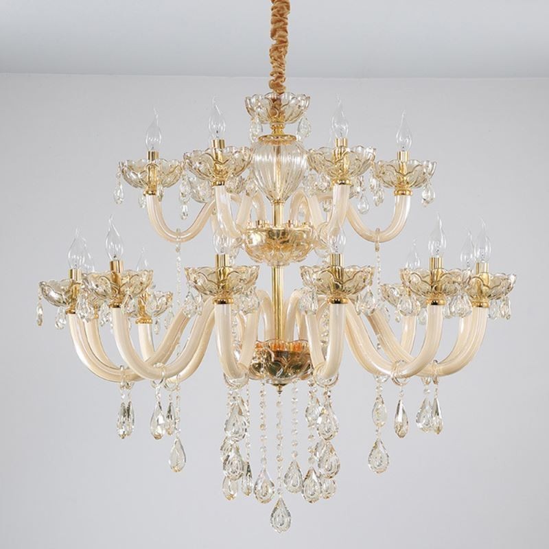 Lustre en cristal élégant, couleur cognac européen, plafonnier, corps en verre, double couche, 12 + 6 lumières