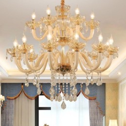 Lustre en cristal élégant, couleur cognac européen, plafonnier, corps en verre, double couche, 12 + 6 lumières