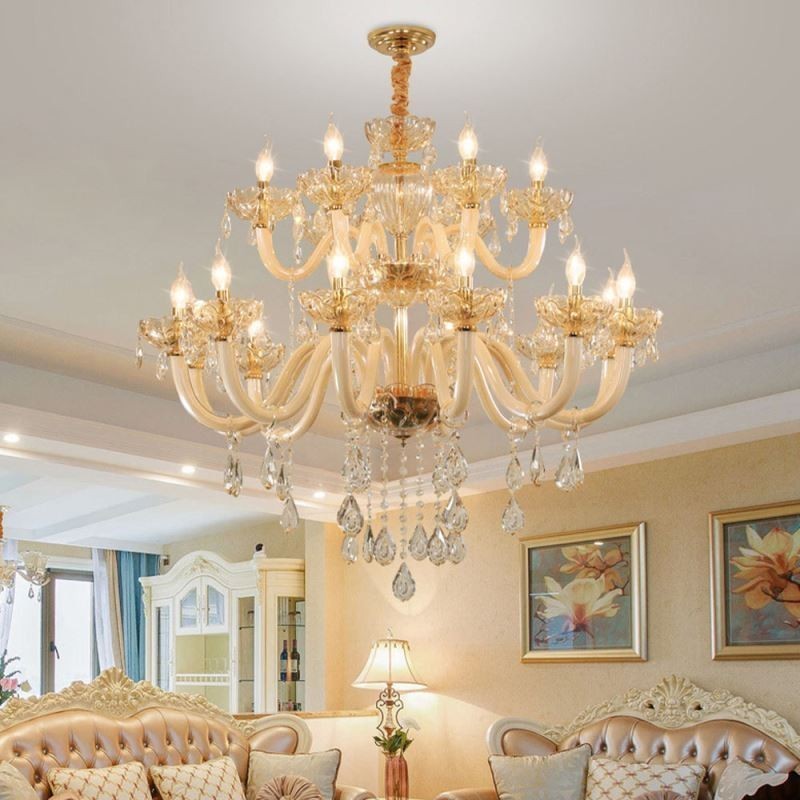 Lustre en cristal élégant, couleur cognac européen, plafonnier, corps en verre, double couche, 12 + 6 lumières