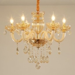 Magnifique lustre en cristal de style européen, couleur cognac, corps en verre, 8 lumières