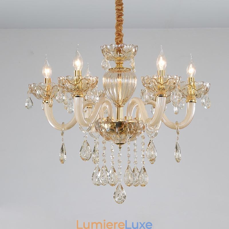 Magnifique lustre en cristal de style européen, couleur cognac, corps en verre, 8 lumières