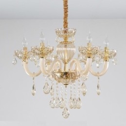 Magnifique lustre en cristal de style européen, couleur cognac, corps en verre, 8 lumières