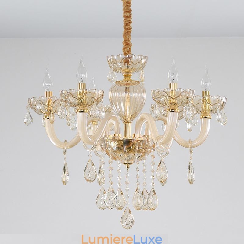 Magnifique lustre en cristal de style européen, couleur cognac, corps en verre, 8 lumières