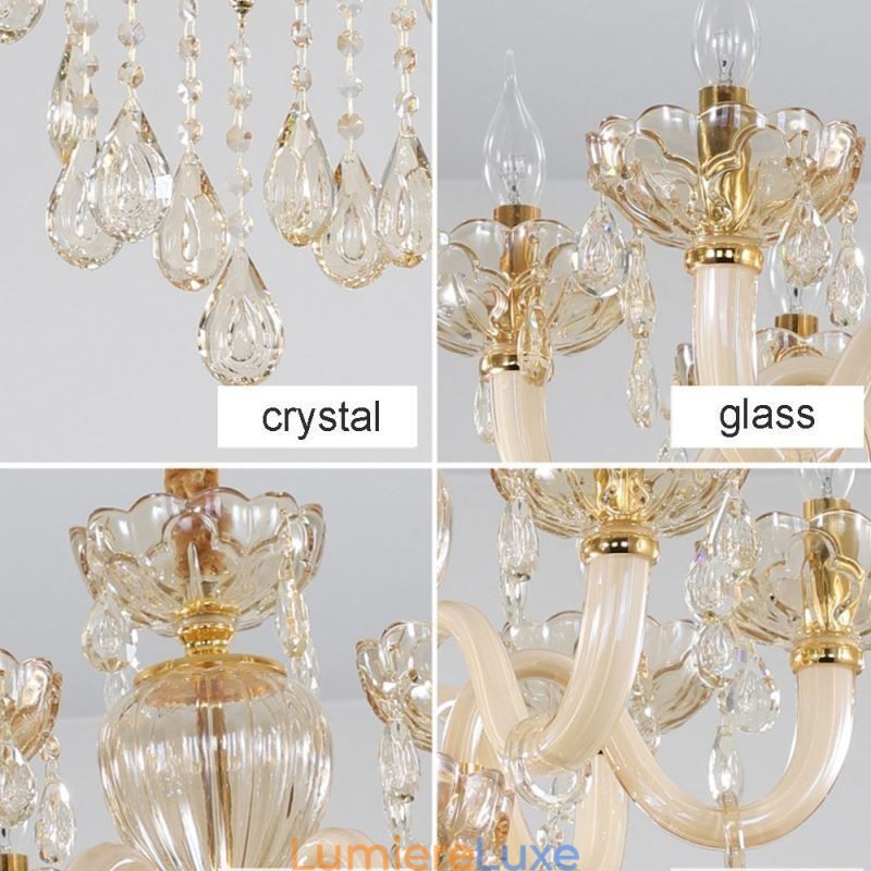Magnifique lustre en cristal de style européen, couleur cognac, corps en verre, 8 lumières