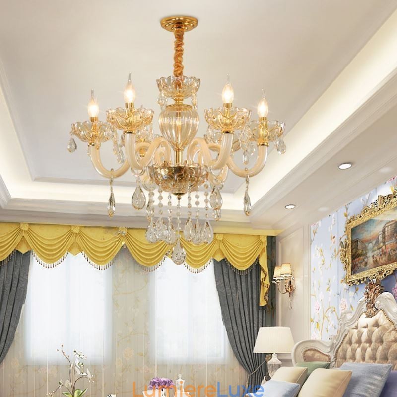 Magnifique lustre en cristal de style européen, couleur cognac, corps en verre, 8 lumières