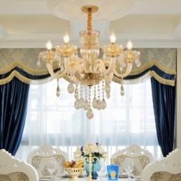 Magnifique lustre en cristal de style européen, couleur cognac, corps en verre, 8 lumières