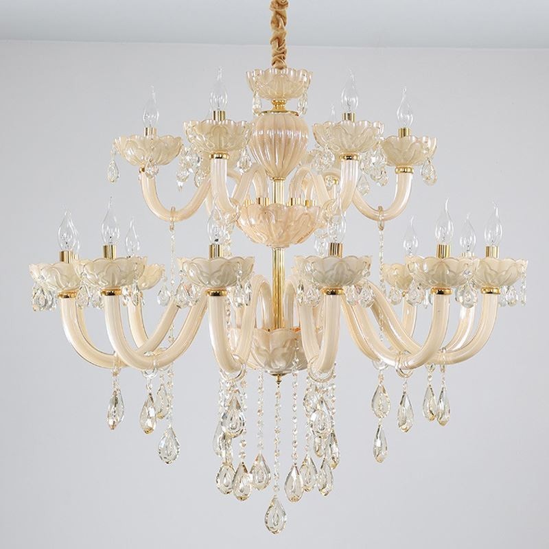 Lustre en cristal luxueux, couleur cognac européen, plafonnier, corps en verre, double couche, 12 + 6 lumières