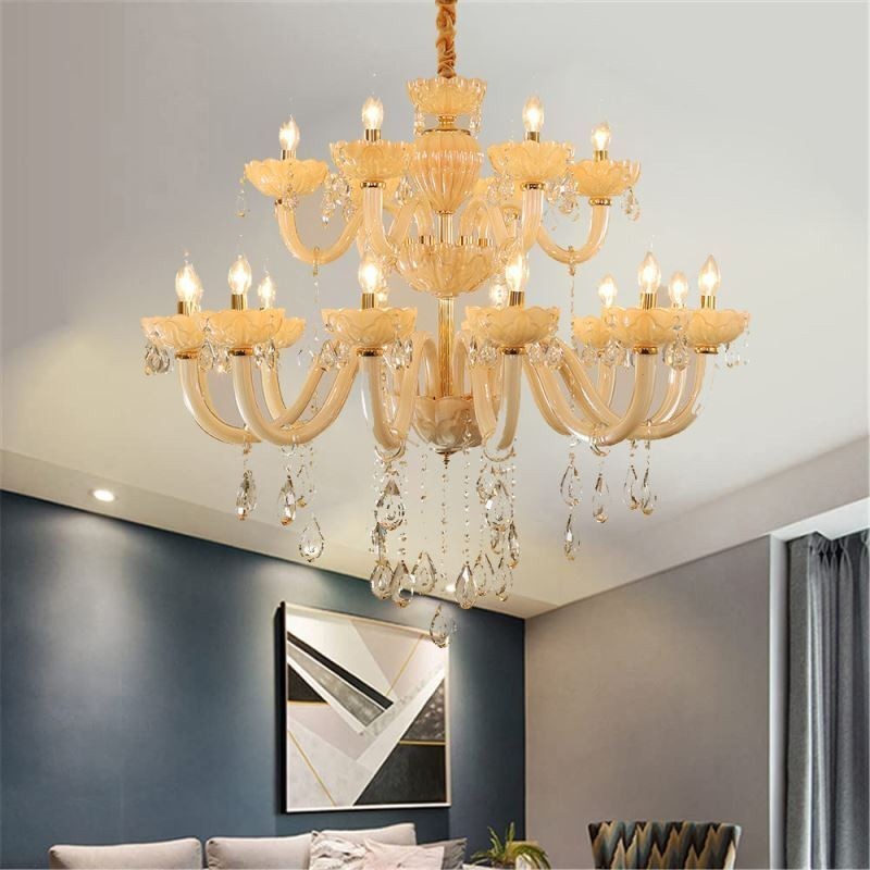 Lustre en cristal luxueux, couleur cognac européen, plafonnier, corps en verre, double couche, 12 + 6 lumières