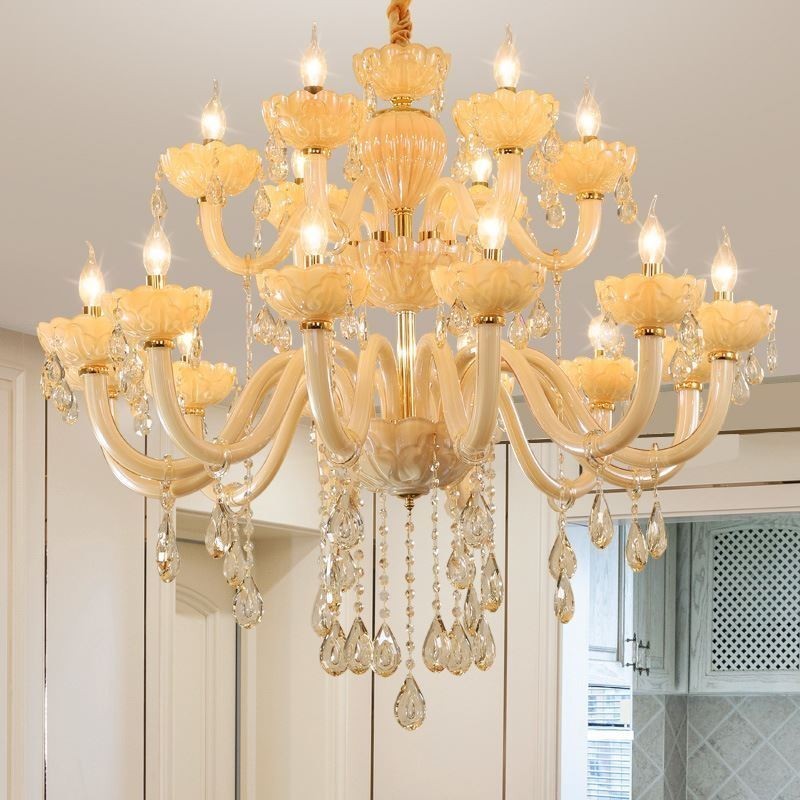 Lustre en cristal luxueux, couleur cognac européen, plafonnier, corps en verre, double couche, 12 + 6 lumières