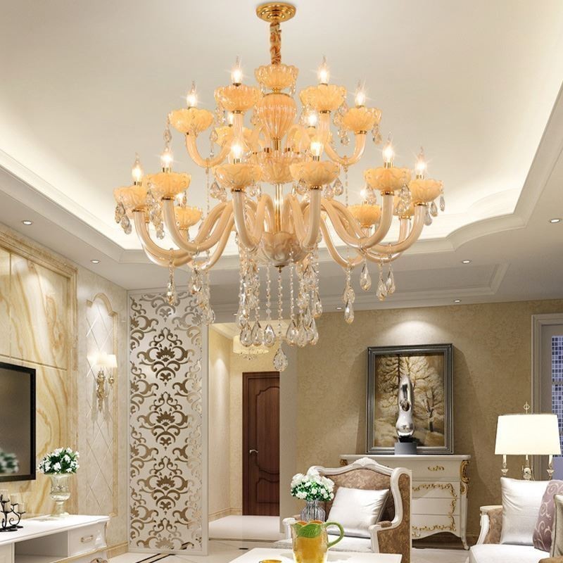 Lustre en cristal luxueux, couleur cognac européen, plafonnier, corps en verre, double couche, 12 + 6 lumières