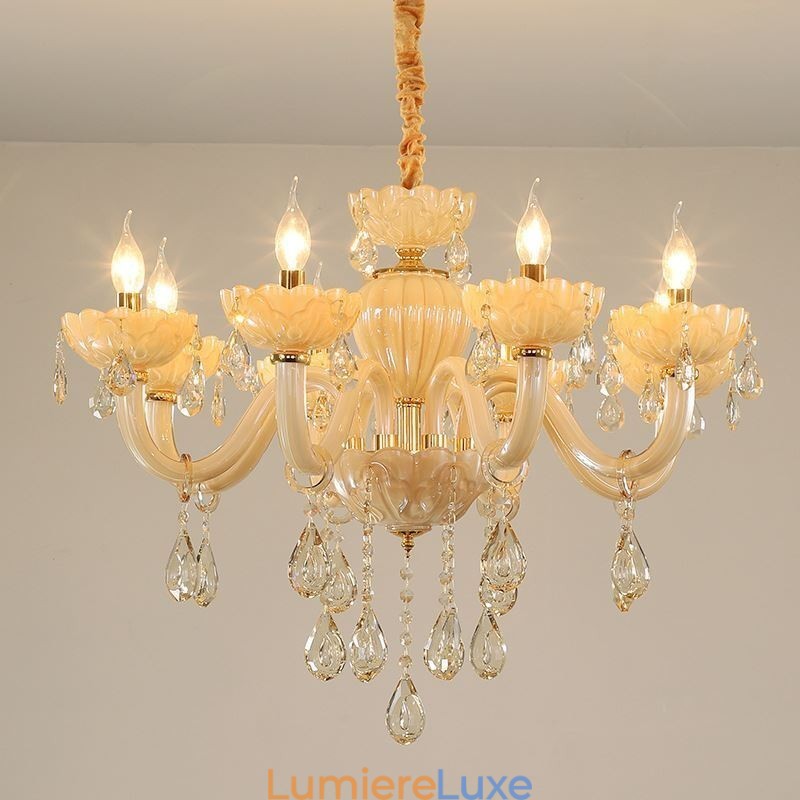 Lustre en cristal accrocheur, plafonnier européen couleur cognac, corps en verre, 8 lumières