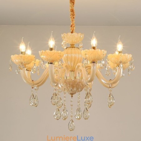 Lustre en cristal accrocheur, plafonnier européen couleur cognac, corps en verre, 8 lumières Lustre en cristal accrocheur, plafonnier européen couleur cognac, corps en verre, 8 lumières
