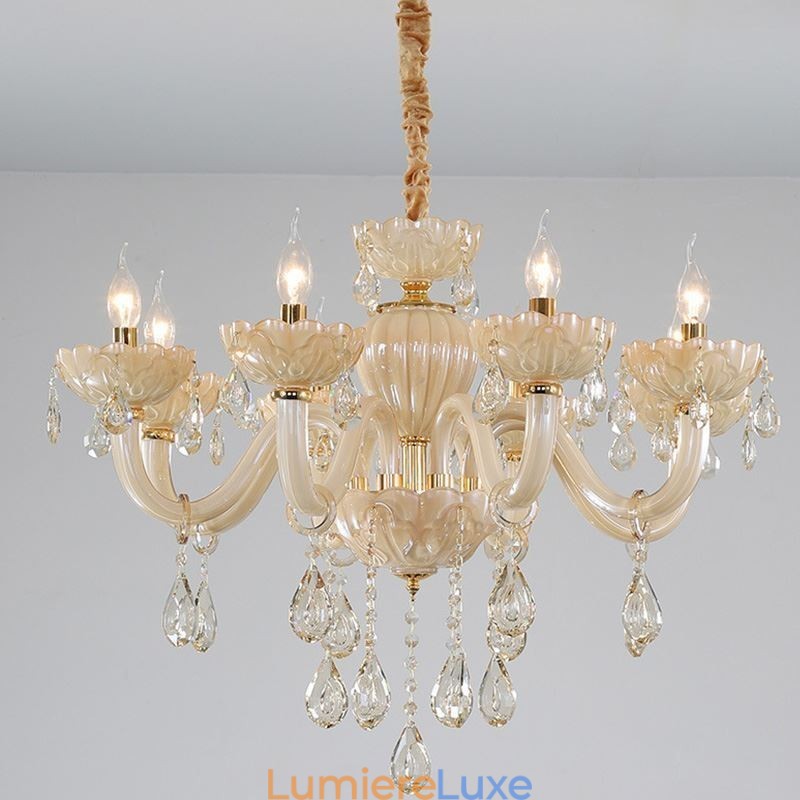 Lustre en cristal accrocheur, plafonnier européen couleur cognac, corps en verre, 8 lumières