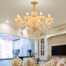 Lustre en cristal accrocheur, plafonnier européen couleur cognac, corps en verre, 8 lumières