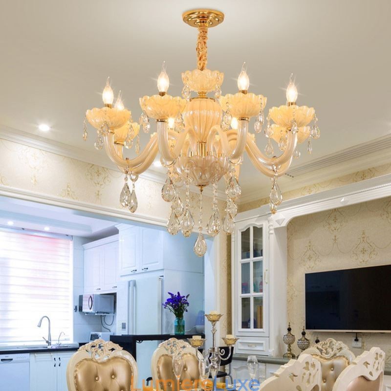 Lustre en cristal accrocheur, plafonnier européen couleur cognac, corps en verre, 8 lumières