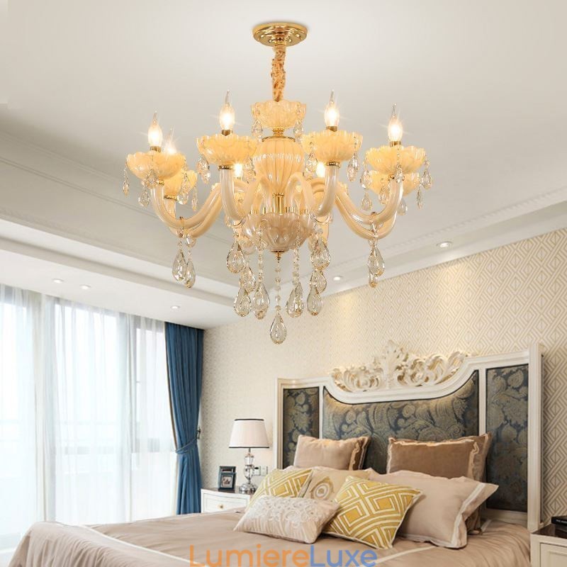 Lustre en cristal accrocheur, plafonnier européen couleur cognac, corps en verre, 8 lumières