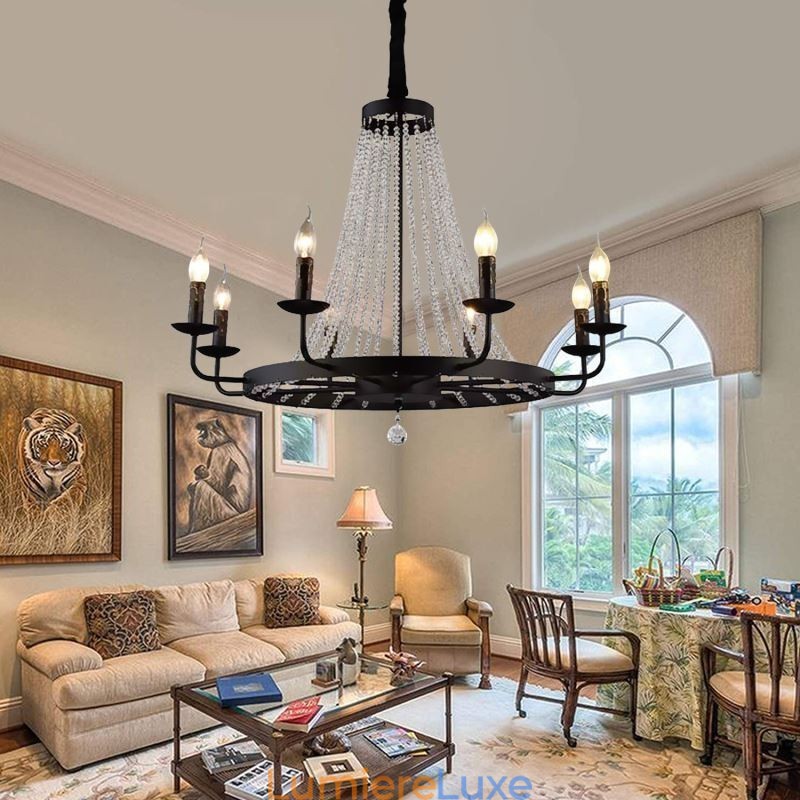 Lustre vintage en cristal et fer noir avec bougie