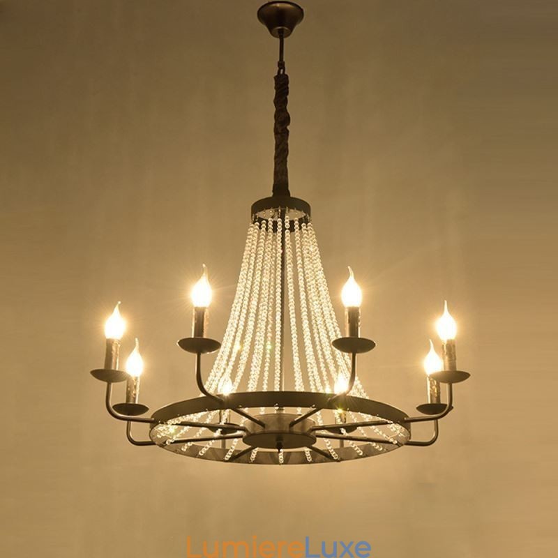 Lustre vintage en cristal et fer noir avec bougie