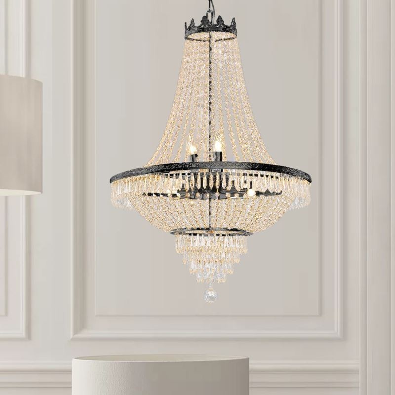 Lustre classique en cristal noir style Empire, 9 lumières
