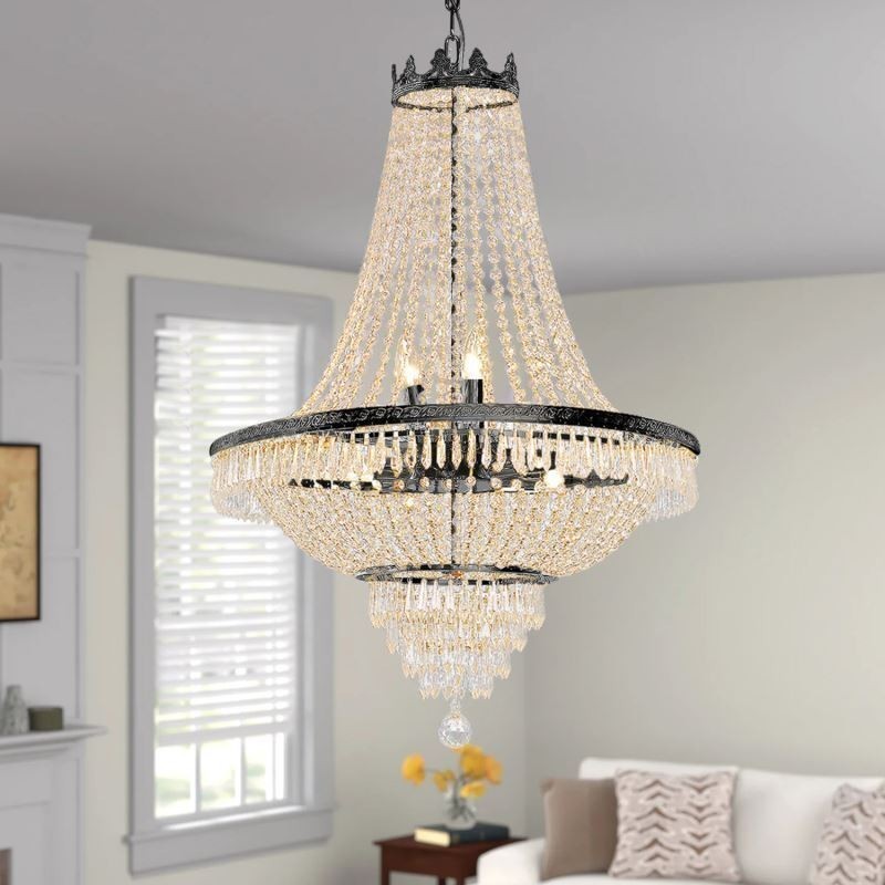 Lustre classique en cristal noir style Empire, 9 lumières