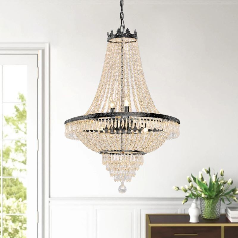 Lustre classique en cristal noir style Empire, 9 lumières